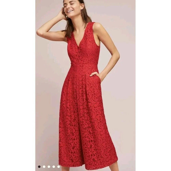 Anthropologie Moulinette Soeurs 4 Jaeda Red Floral Lace Wide-Leg Jumpsuit Crop - Picture 5 of 16